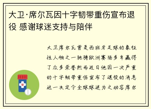 大卫·席尔瓦因十字韧带重伤宣布退役 感谢球迷支持与陪伴