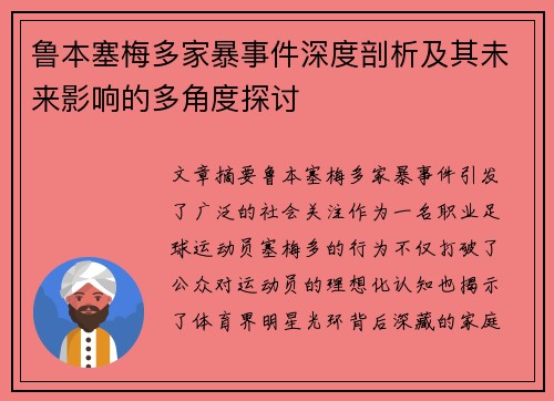 鲁本塞梅多家暴事件深度剖析及其未来影响的多角度探讨